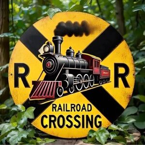 Retro Style Round Railroad Crossing Yellow‎ Metal Warning Sign. New